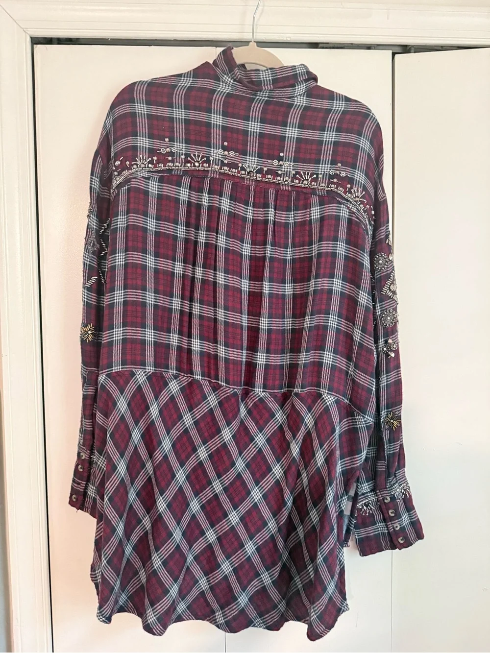 Free People Downtown Romance Embellished Plaid Button Down Shirt